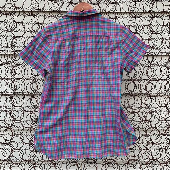 Vintage 70s Gap purple green plaid check button down short sleeve shirt MEDIUM - Picture 2 of 8